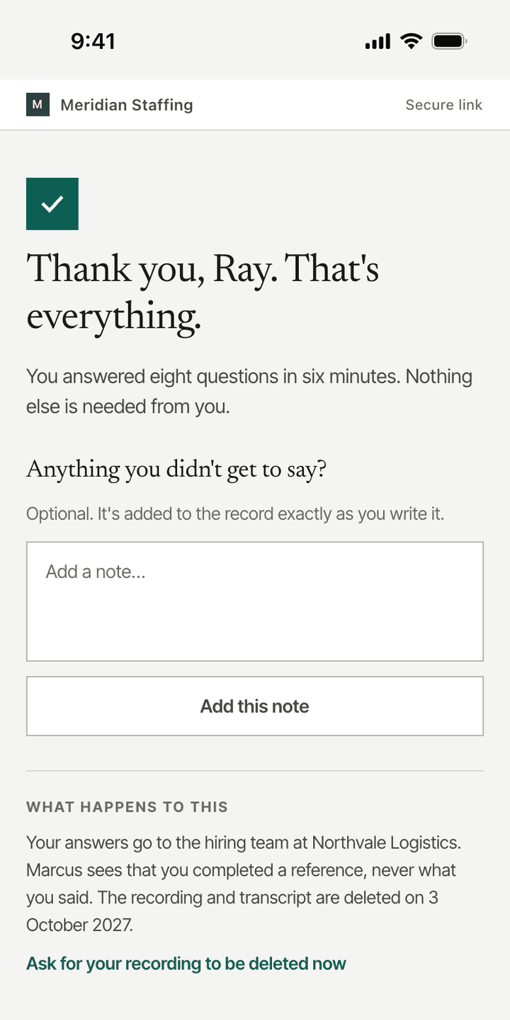 The closing screen, thanking the reference and explaining where the answers go, that the candidate never hears the recording, and the date it will be deleted.
